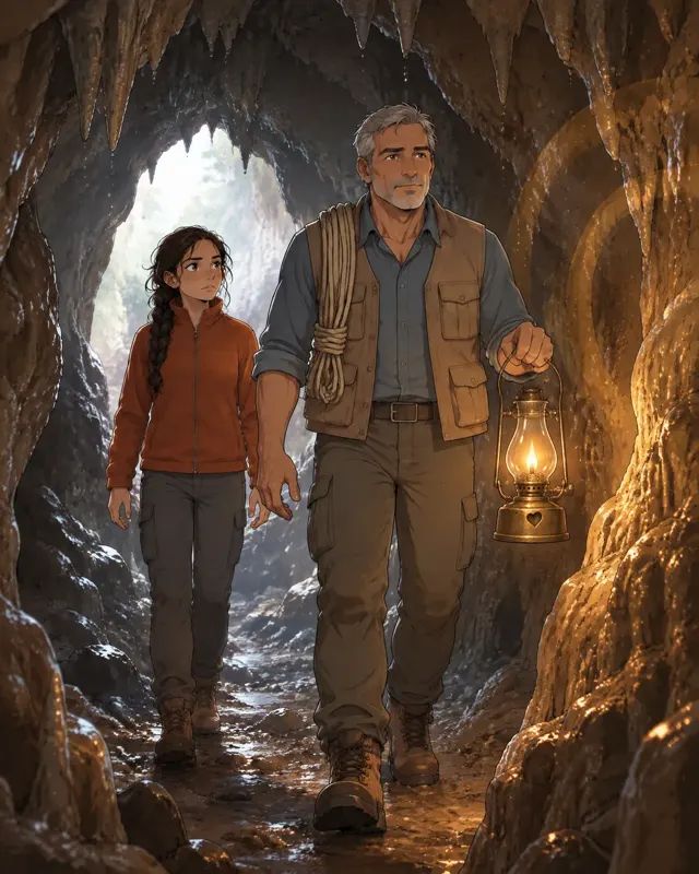 Two people enter a cave with an oil lamp.