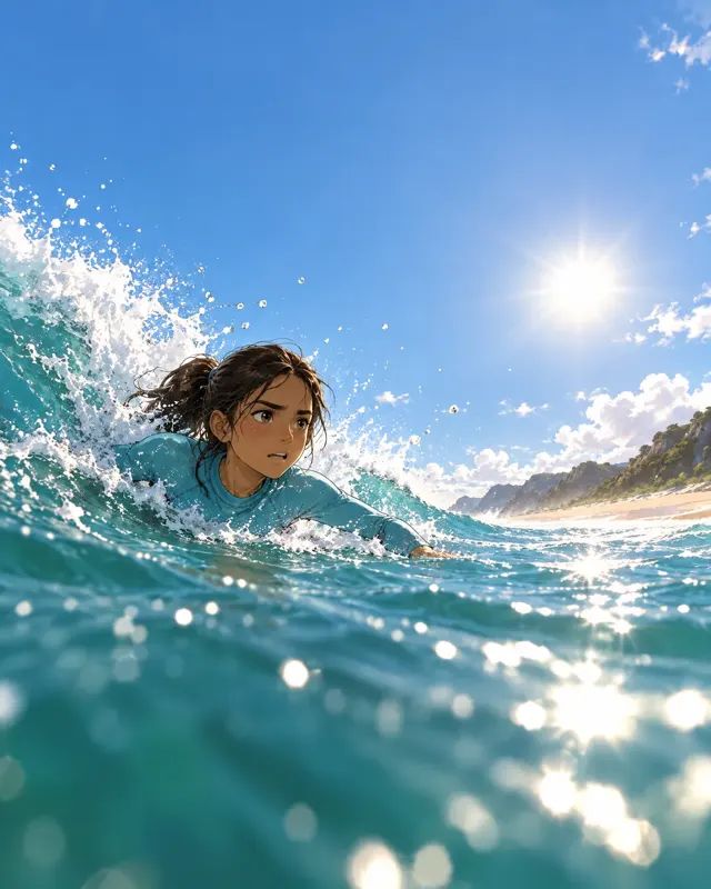A girl swims hard as a wave hits her from the side.