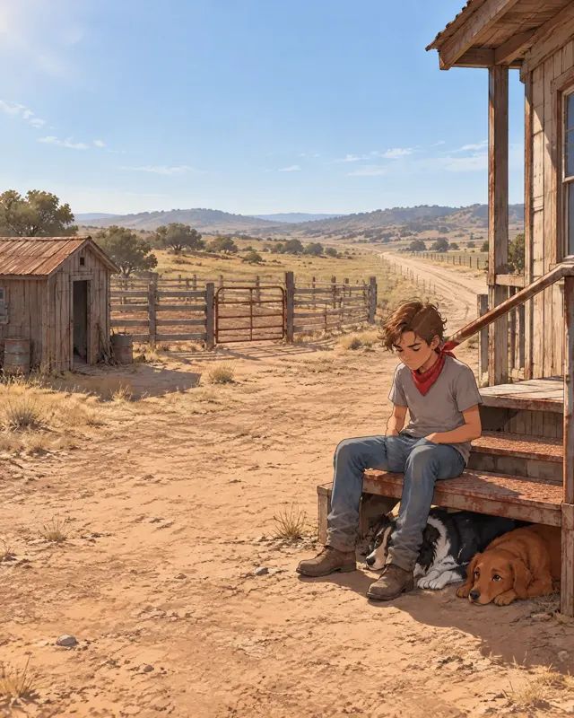 A boy sits small on a porch step with his head down.
