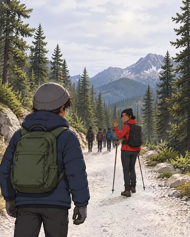 A boy walks at the back of a line of hikers on a pine-lined path.